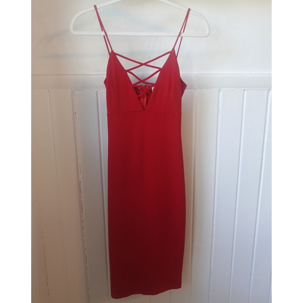 Y2K‎ Dress Womens Medium Red Bodycon Caged Plunge Stretch Valentines Date Night